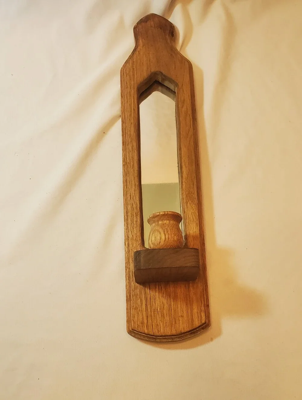 Home Interiors Homco Vtg Wood Wall Mirror Sconce Candle Holder in Natural Brown